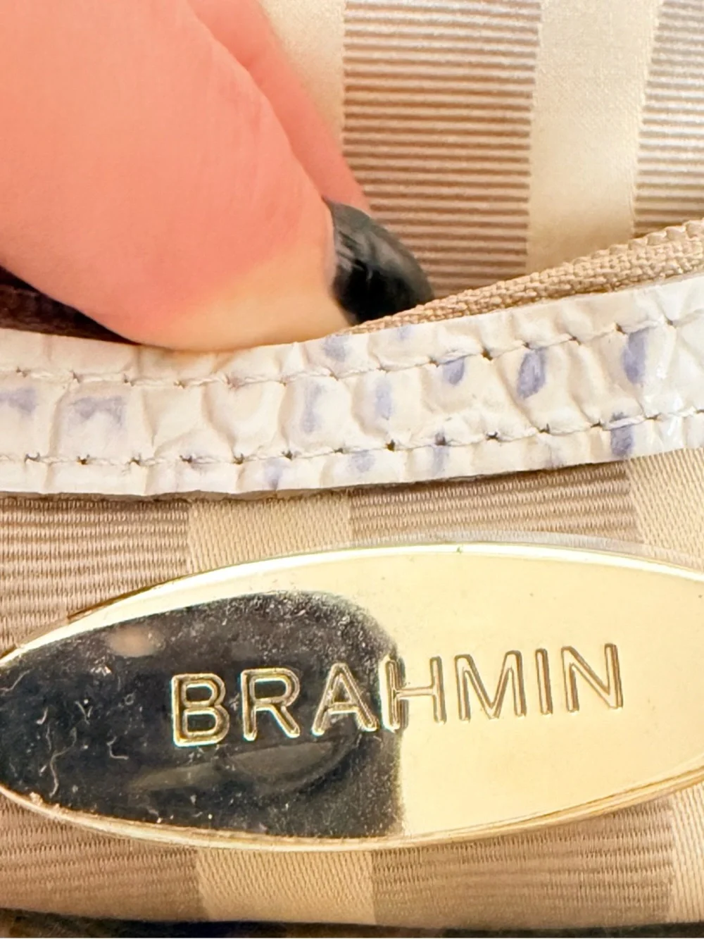 Brahmin Mini Asher Corsica Vineyard Navy Striped Croc Leather Satchel